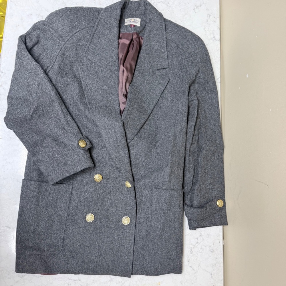 Susan Bristol Gray Merino Wool Double Breasted Blazer Gold Crest Button Size 8